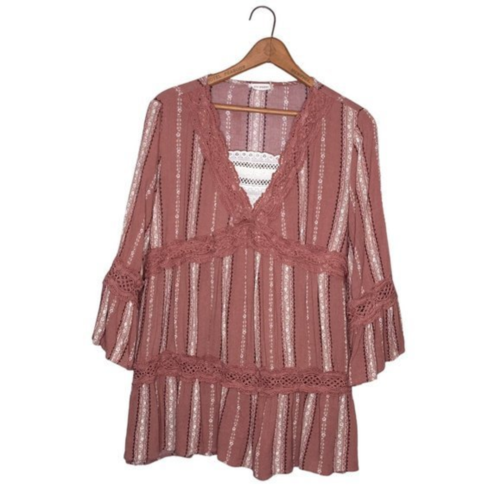Anthropologie S Blu Pepper Dusty Peach‎ Crinkle Rayon Boho Lace Trim Tiered Top
